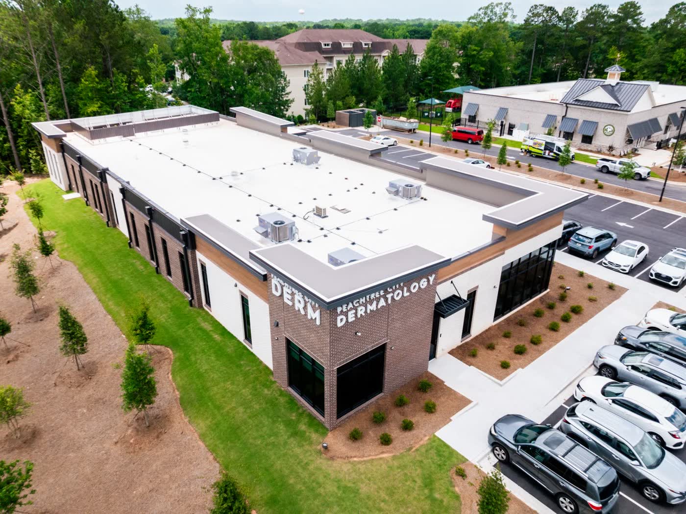 Aerial view of the Peachtree City Dermatology building